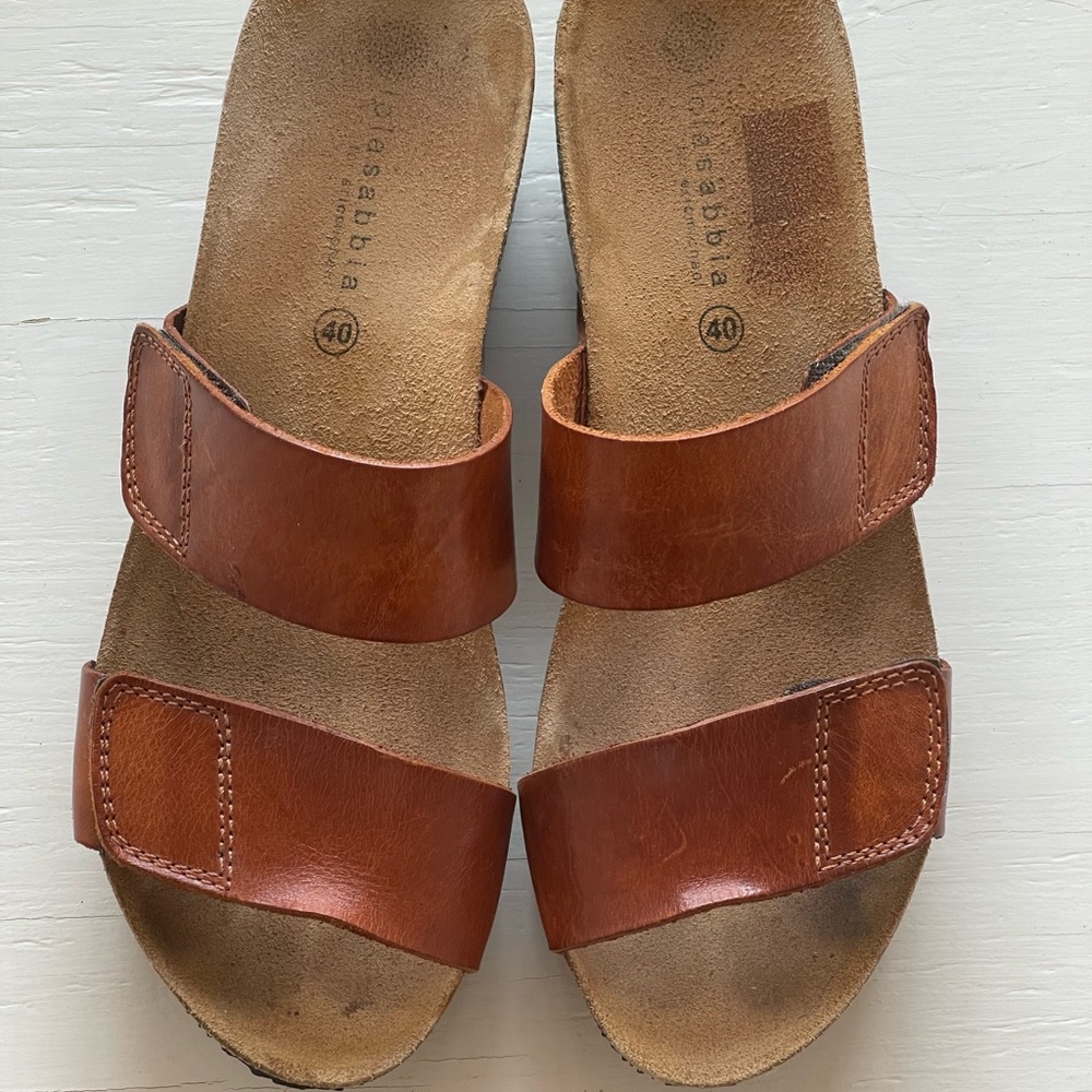 Size 40- Women’s Lola Sabbia Cork Camel Leather Adjustable Strap Wedge Sandals - Picture 3 of 12